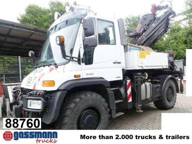 Unimog U400 4x4, Frontzapfwelle, Heckkran Hiab XS - Camión caja abierta, Camión grúa: foto 1 Unimog U400 4x4, Frontzapfwelle, Heckkran Hiab XS - Camión caja abierta, Camión grúa: foto 1