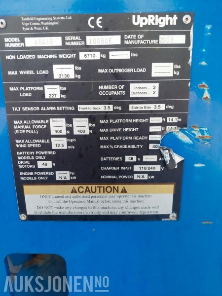 2008 UpRight AB46E bomlift med knekkarm - Arbeidshøyde 16,1 m. - Vekt: 6 700 kg - Timer: 217! - Plataforma elevadora: foto 5 2008 UpRight AB46E bomlift med knekkarm - Arbeidshøyde 16,1 m. - Vekt: 6 700 kg - Timer: 217! - Plataforma elevadora: foto 5