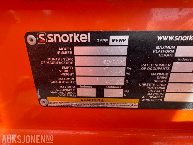 Plataforma elevadora 2020 Snorkel S4726E - 1 252 timer - sertifisert til 6/26: foto 8