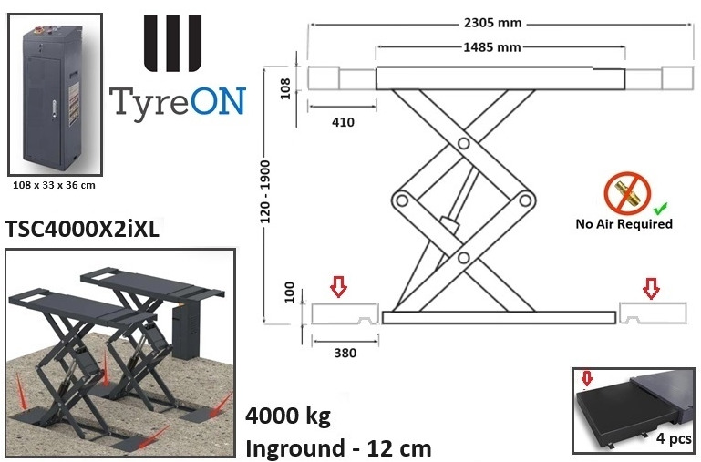 TSC4000X2iXL In floor scissor lift - Double extensions - 12 cm installation depth - Hydromechanically locked - No compressed air required - 4T - Equipo de taller: foto 2 TSC4000X2iXL In floor scissor lift - Double extensions - 12 cm installation depth - Hydromechanically locked - No compressed air required - 4T - Equipo de taller: foto 2