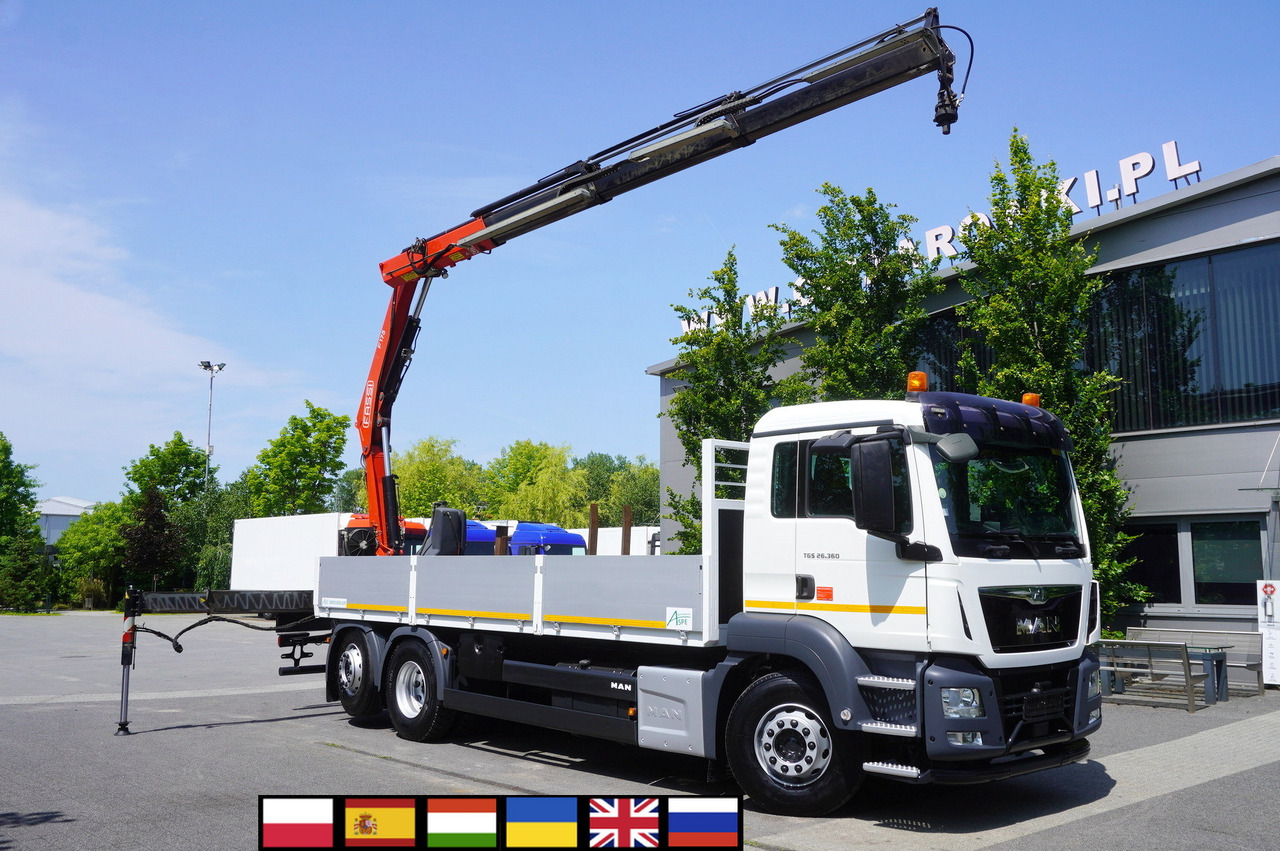 MAN TGS 26.360 Flatbed / Fassi F175 7.7 T / steered 3rd axle - Camión grúa: foto 1 MAN TGS 26.360 Flatbed / Fassi F175 7.7 T / steered 3rd axle - Camión grúa: foto 1