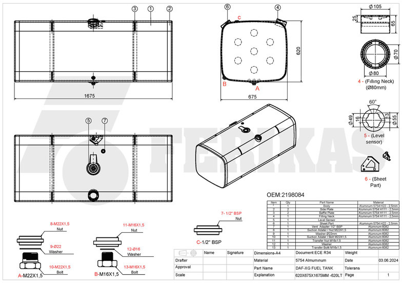 Depósito de combustible para Camión nuevo DAF New aluminum fuel tank 620L: foto 9