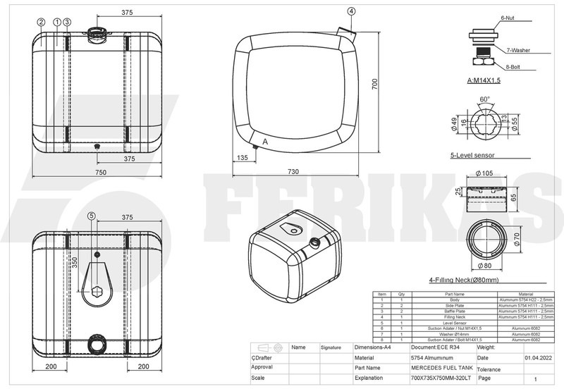 Depósito de combustible para Camión nuevo Mercedes-Benz New aluminum fuel tank 320 L.: foto 8 Depósito de combustible para Camión nuevo Mercedes-Benz New aluminum fuel tank 320 L.: foto 8