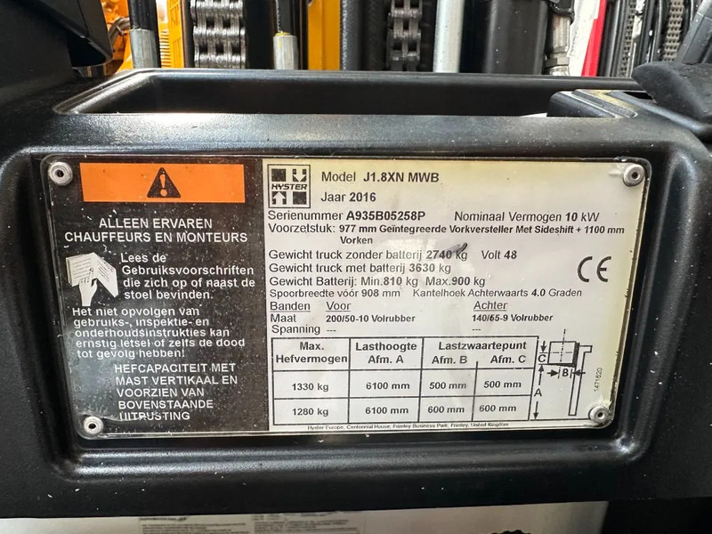 Carretilla elevadora eléctrica Hyster J1.8XN MWB 1.8 ton Triplex Freelift Sideshift Positioner Elektra Heftruck Accu 2023: foto 5