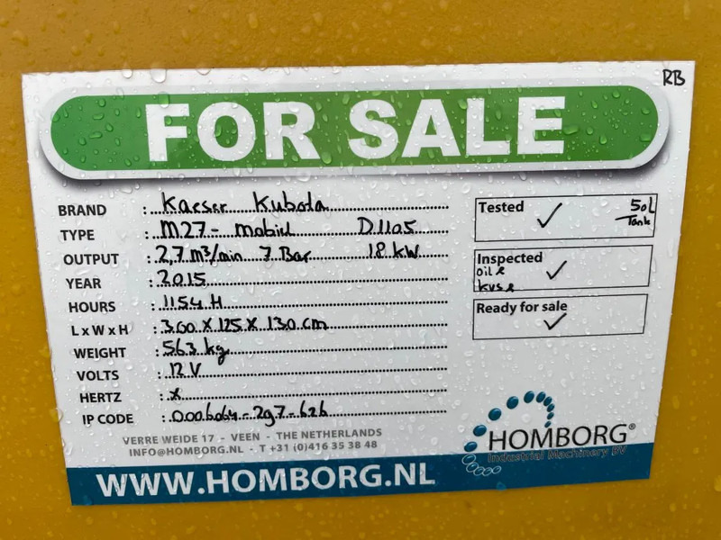 Compresor de aire Kaeser M27 Kubota 2,7 m3 / min 7 Bar 18 kW Mobiele Silent Diesel Compressor: foto 17 Compresor de aire Kaeser M27 Kubota 2,7 m3 / min 7 Bar 18 kW Mobiele Silent Diesel Compressor: foto 17
