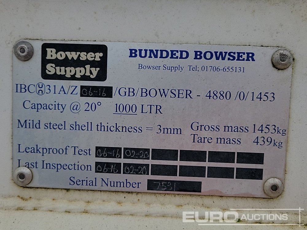 Tanque de almacenamiento Bowser Supply 1000 Litre Single Axle Bunded Fuel Bowser: foto 16